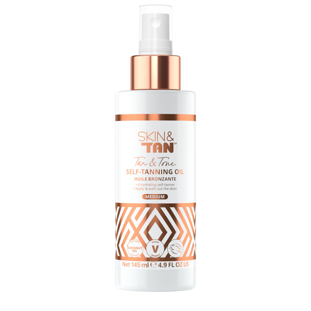 Skinny Tan bottle front view showing tan and tone oil, neat packaging and benefit