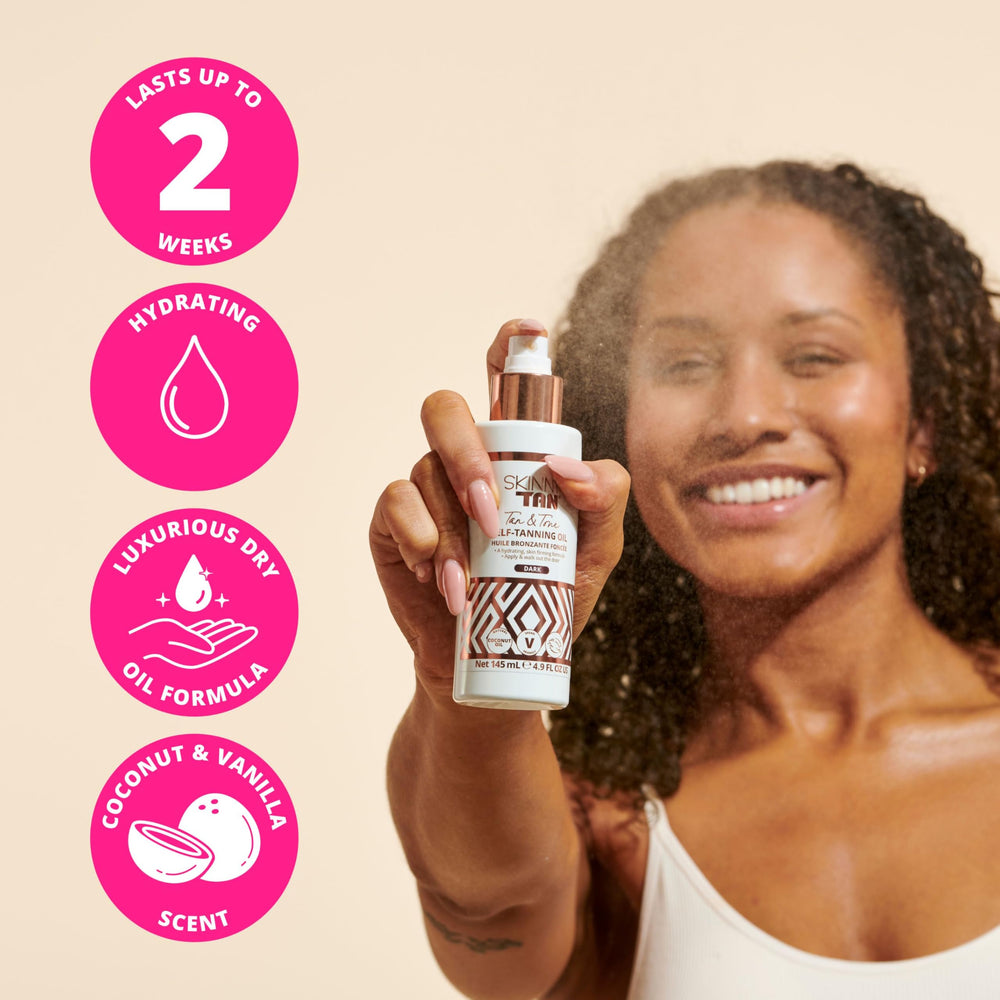 Skinny Tan ingredients label close-up emphasizing vegan, cruelty-free benefits