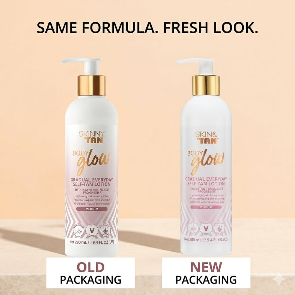 Skinny Tan bottle on bathroom vanity in lifestyle scene promoting daily routine benefit