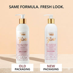 Skinny Tan bottle on bathroom vanity in lifestyle scene promoting daily routine benefit
