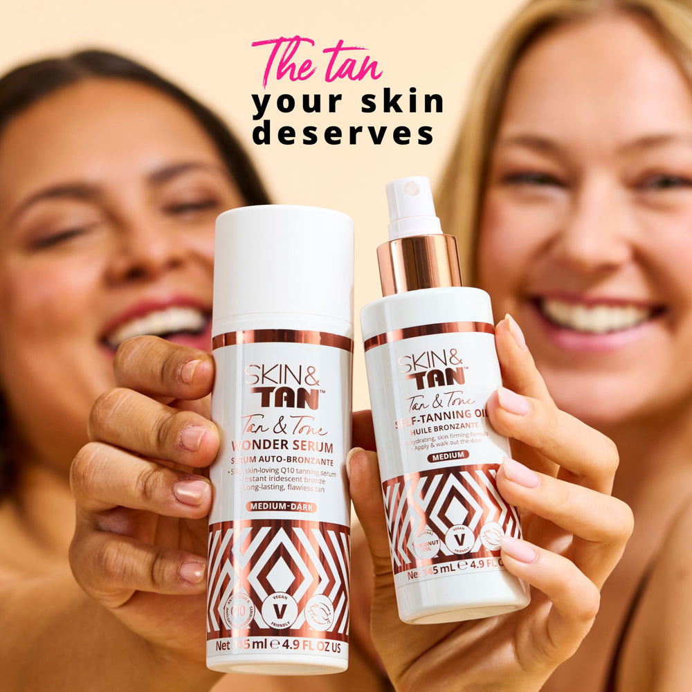 Skinny Tan pouch and bottle flatlay illustrating gifting or routine-ready presentation