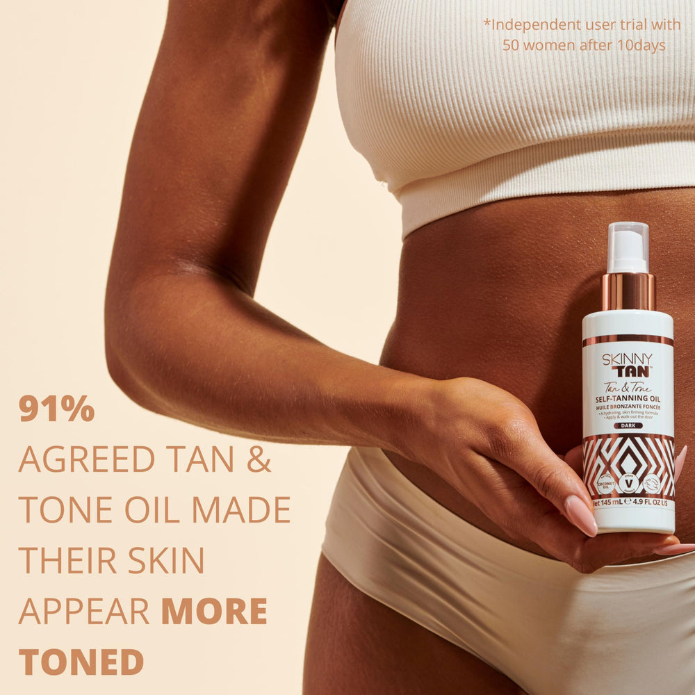 Skinny Tan held in hand to show scale and travel-friendly 4.9 oz size