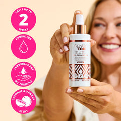 Skinny Tan bottle next to a hand for scale showing 4.9 oz size convenience