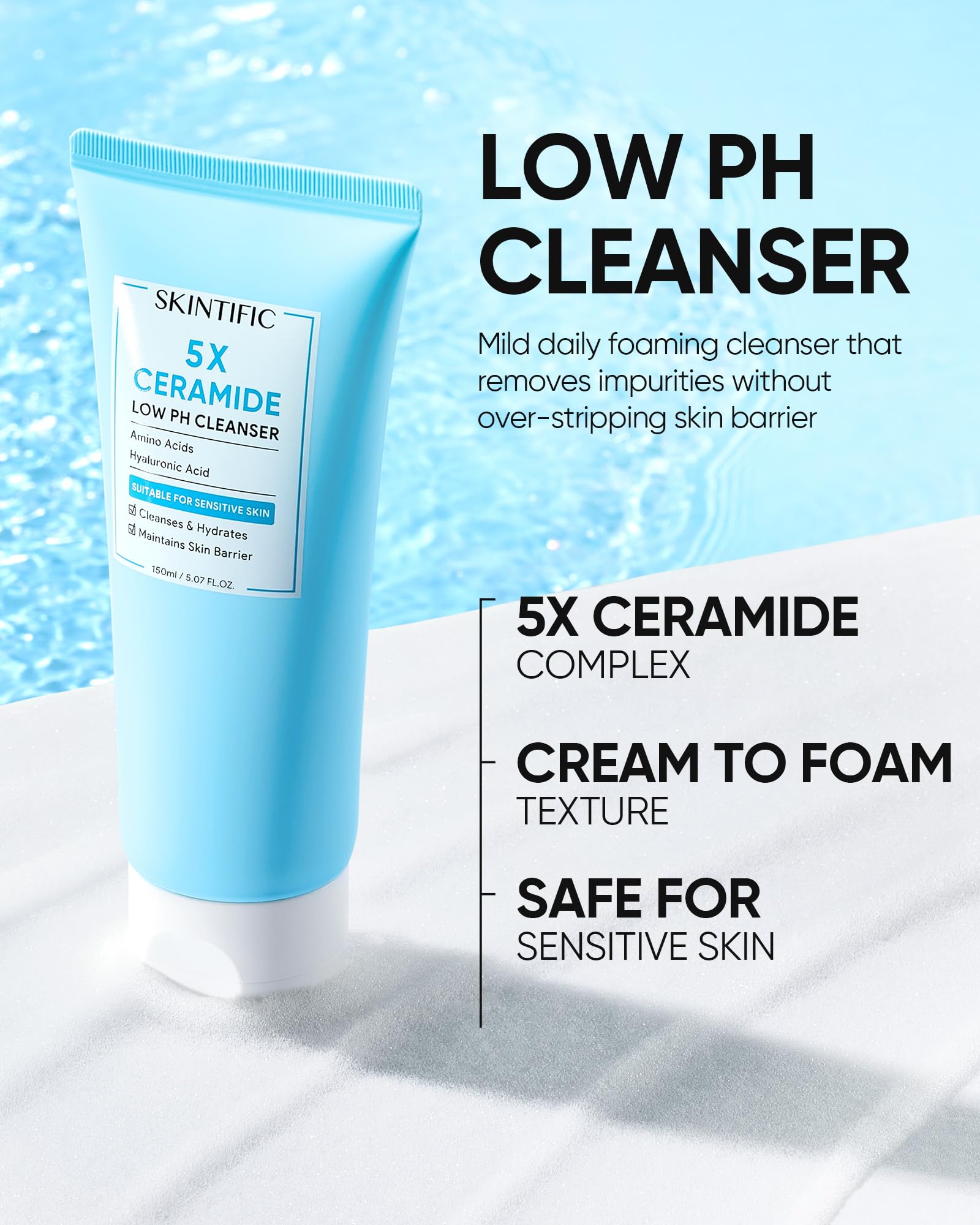 SKINTIFIC ingredients label close-up, emphasizes ceramides and hyaluronic acid benefits