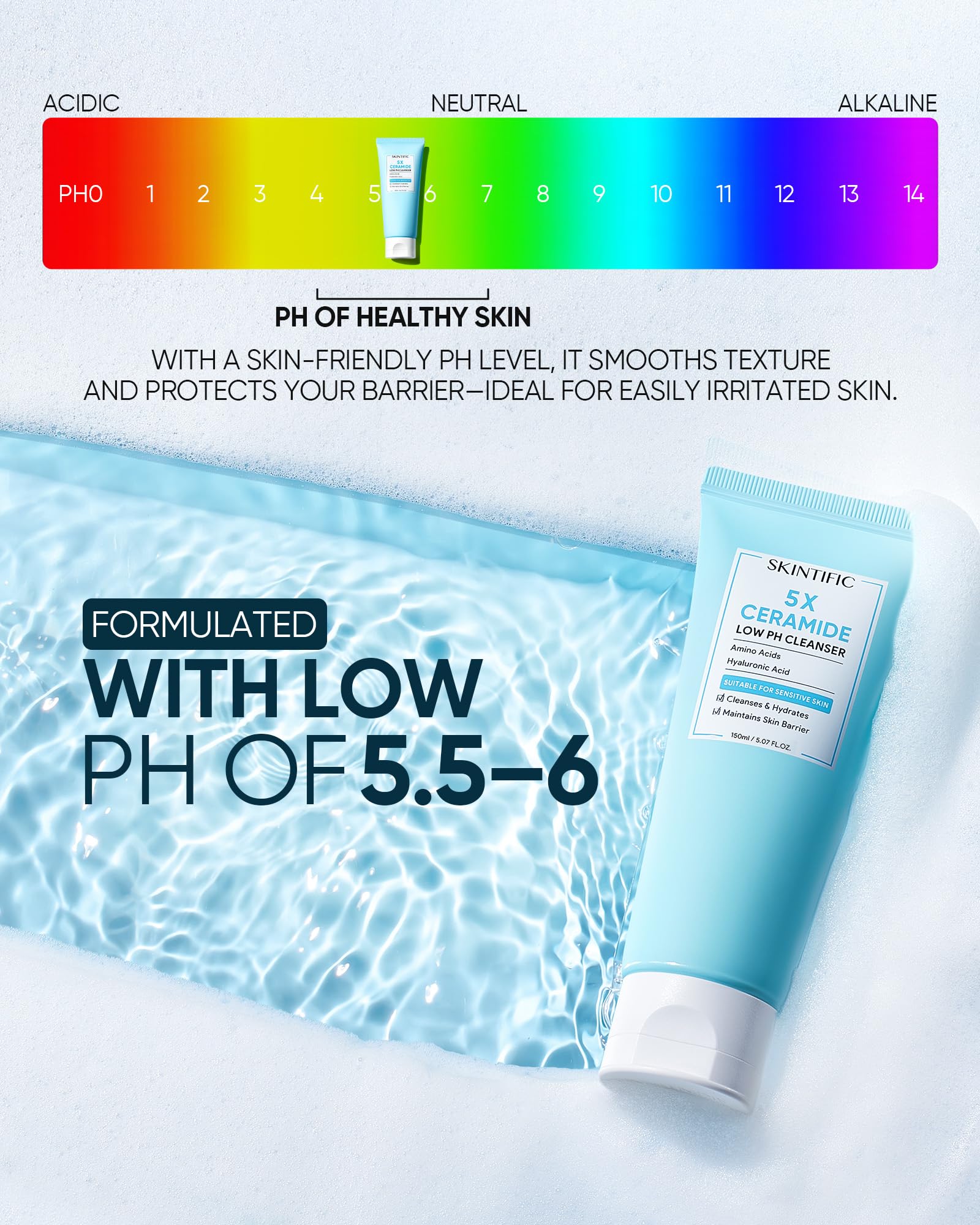 SKINTIFIC pump dispensing cleanser onto hand, highlights easy controlled application