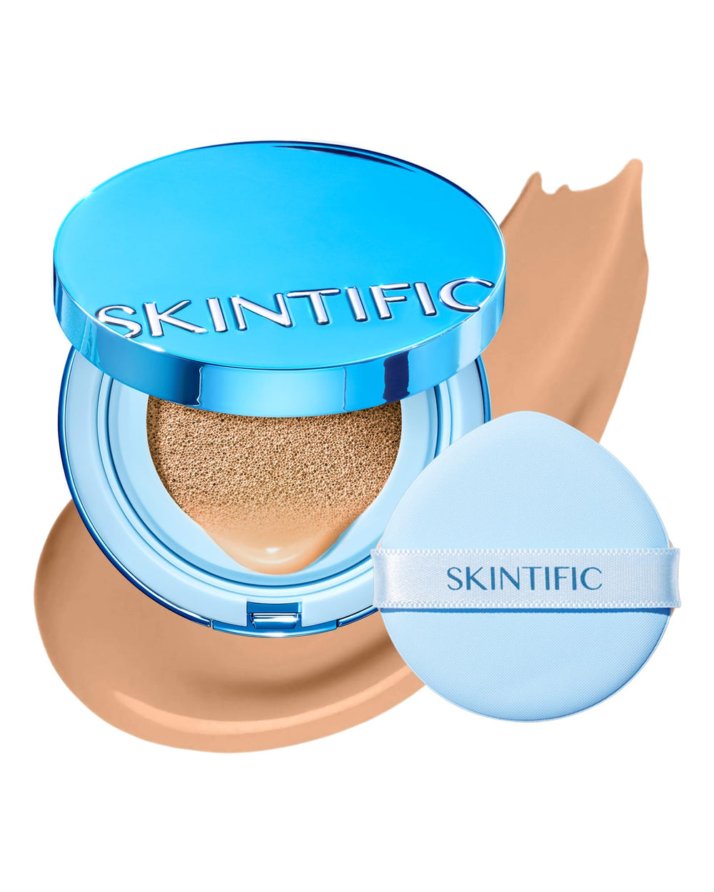 SKINTIFIC cushion compact front view showing sleek packaging and easy carry benefit