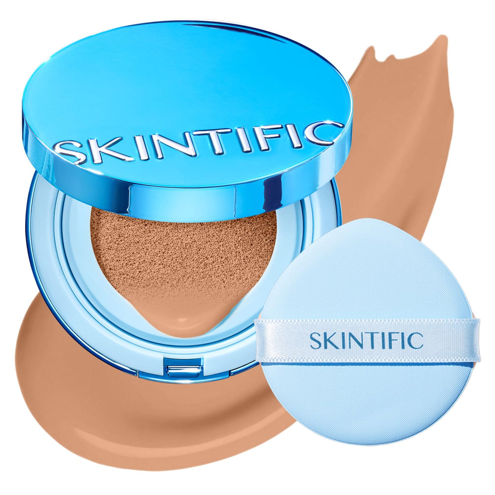 SKINTIFIC cushion front open showing compact and puff, easy coverage on the go