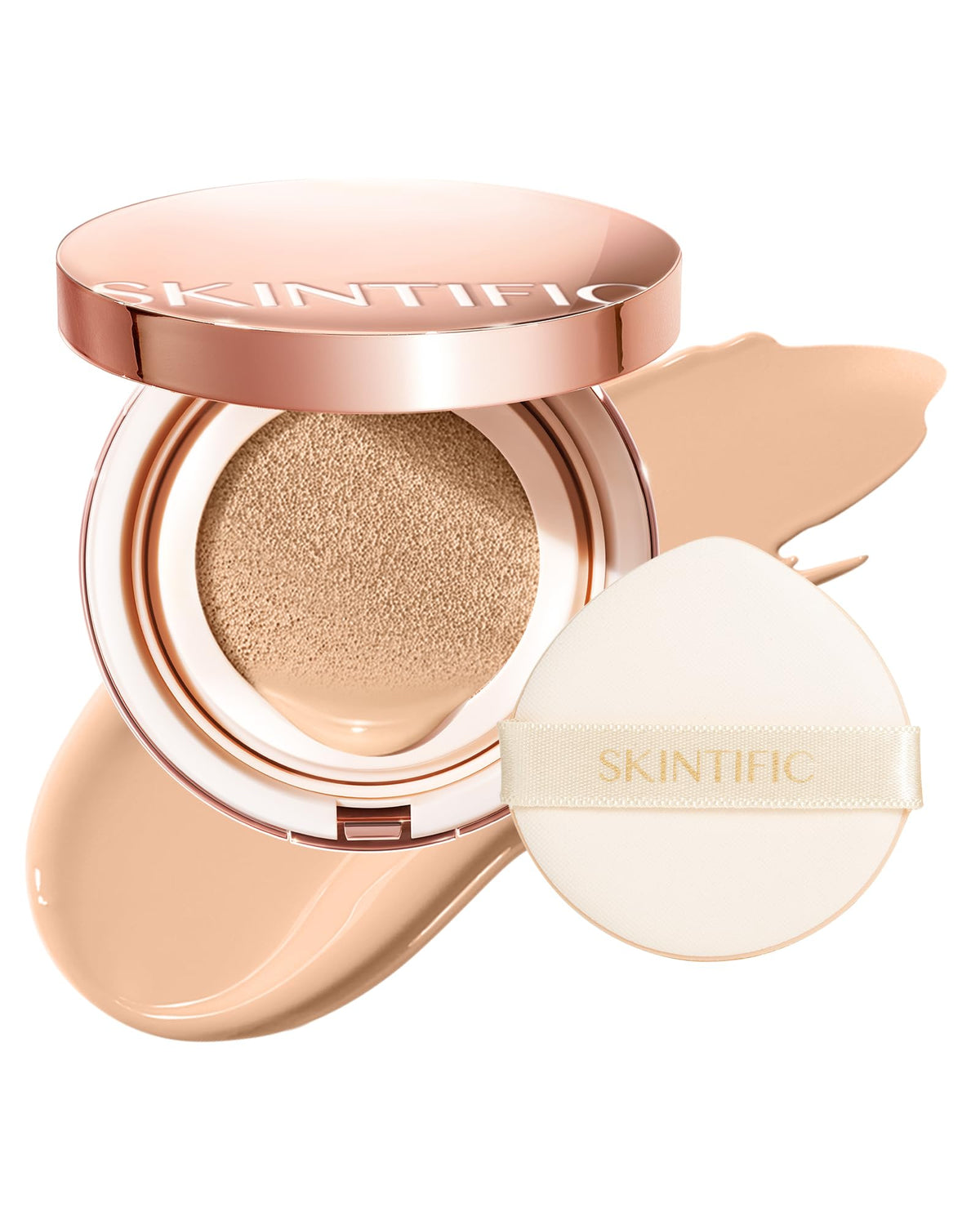SKINTIFIC compact front packaging showing cushion foundation and shade