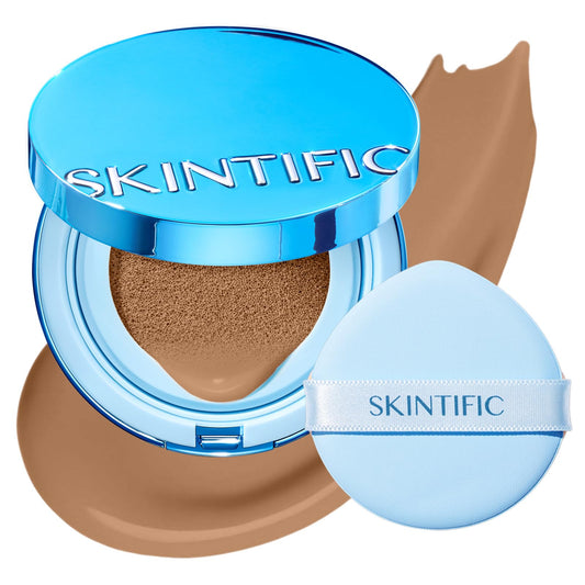 SKINTIFIC cushion front packaging showing sleek compact and shade label benefit long-wear