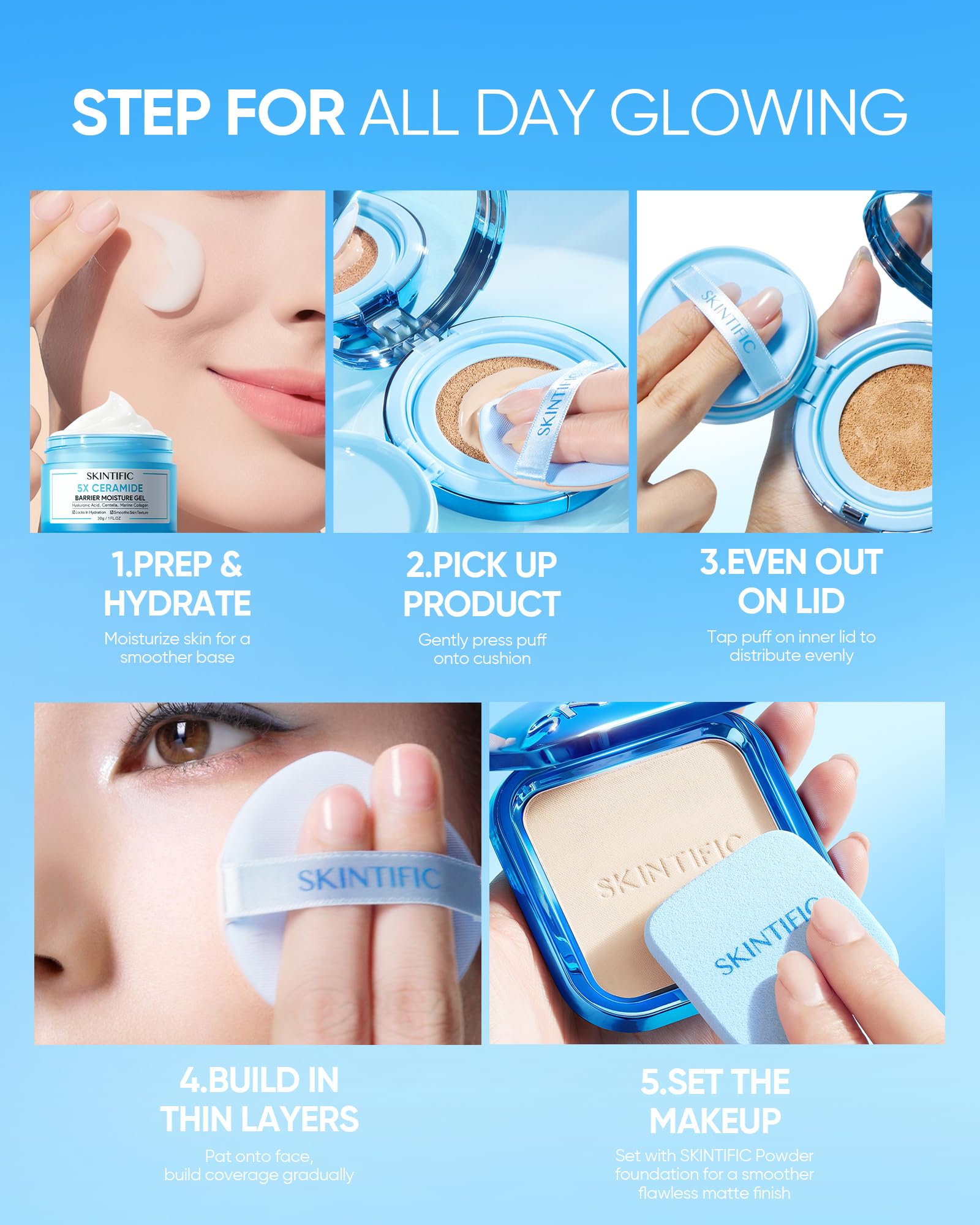SKINTIFIC cushion in morning routine setting showing long-lasting wear benefit