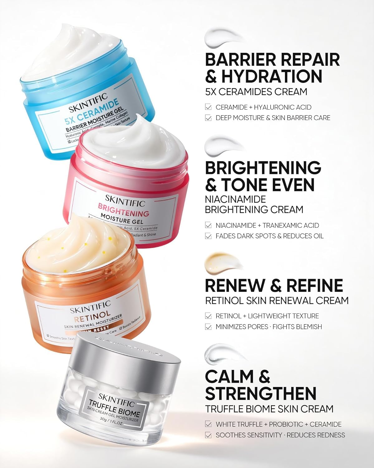 SKINTIFIC ingredient layout highlighting ceramides and hyaluronic hydration benefits