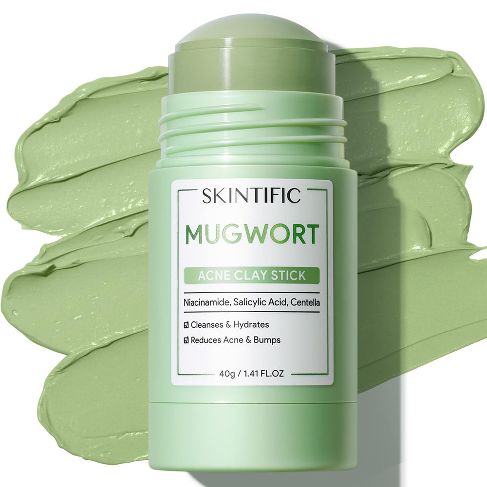 SKINTIFIC front view of mugwort clay stick showing compact packaging and benefits