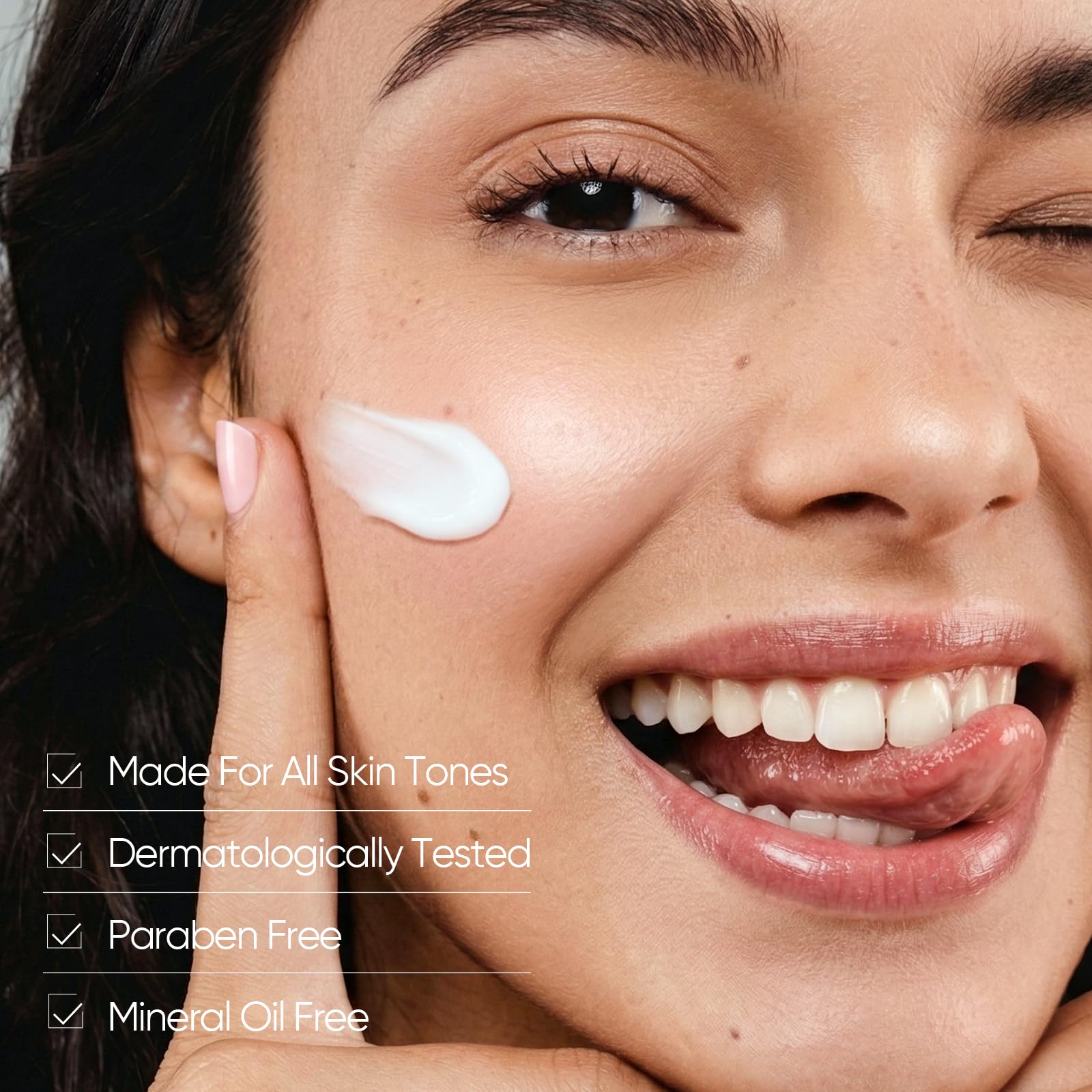 SKINTIFIC product in hand being applied to cheek conveying fast absorption and no greasy feel