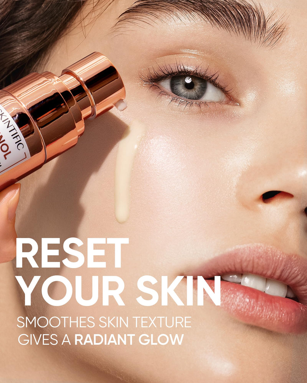 SKINTIFIC dropper detail releasing a clear serum into hand, precise dosing