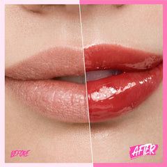SKINTIFIC serum on lips close-up showing sheer tint and glossy plumping benefit