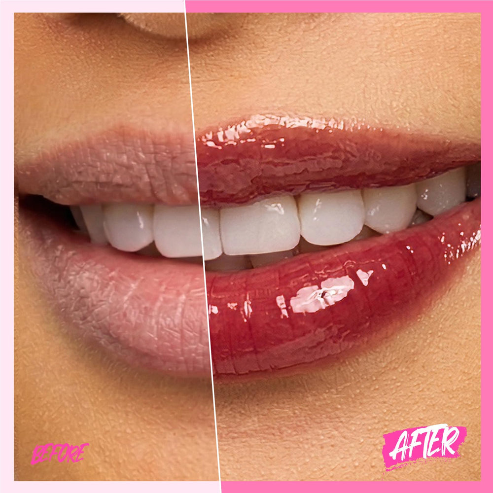 SKINTIFIC tinted gloss on lips demonstrating sheer berry color and luminous shine