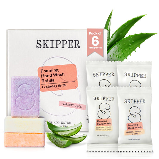 Skipper front view of 6-pack refills showing pack benefits