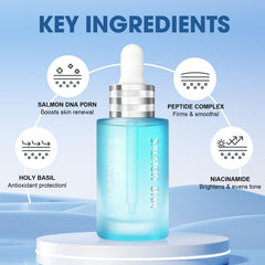 SKSOYT product label with ingredient callouts showing peptide and PDRN benefits