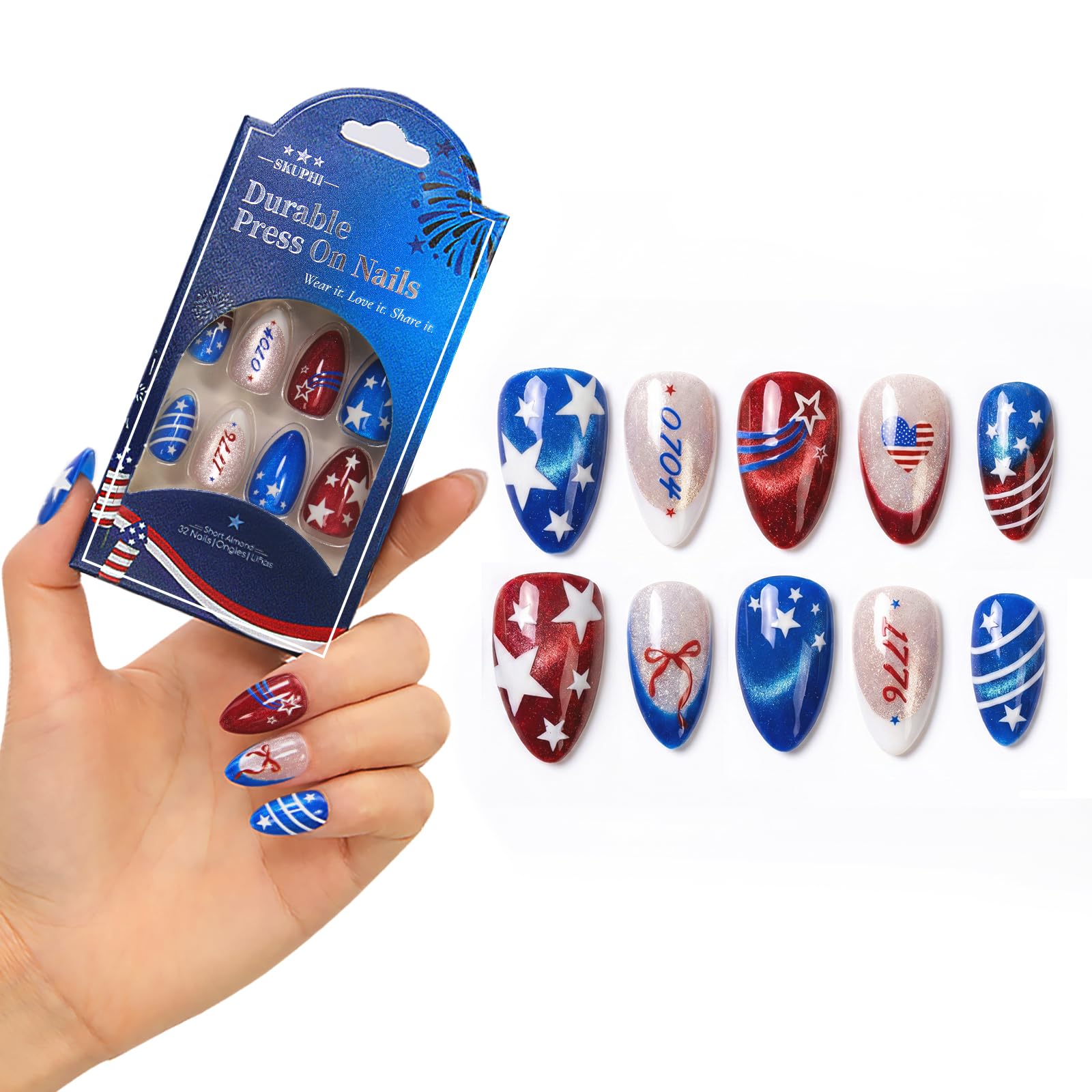 SKUPHI front packaging showing patriotic press-on nails for holiday style