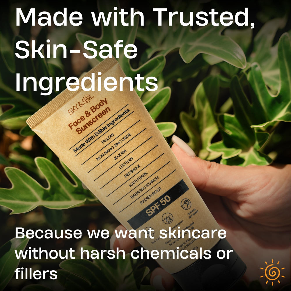 Sky and Sol applied on face demonstrating blendable, makeup-friendly protection