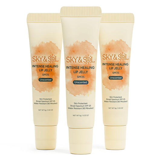 Sky & Sol front packaging showing three clear lip jelly tubes and SPF benefits