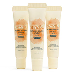 Sky & Sol front packaging showing three clear lip jelly tubes and SPF benefits