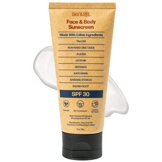 Sky and Sol front tube packaging showing SPF 30 and natural ingredients benefit