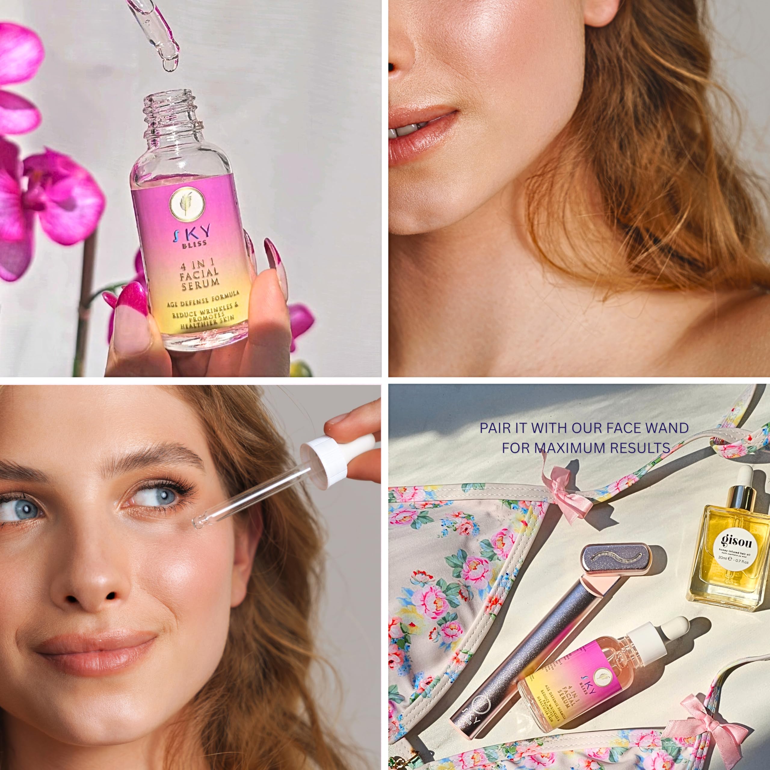 Sky Bliss bottle beside flowers for a fresh, skin-brightening lifestyle benefit