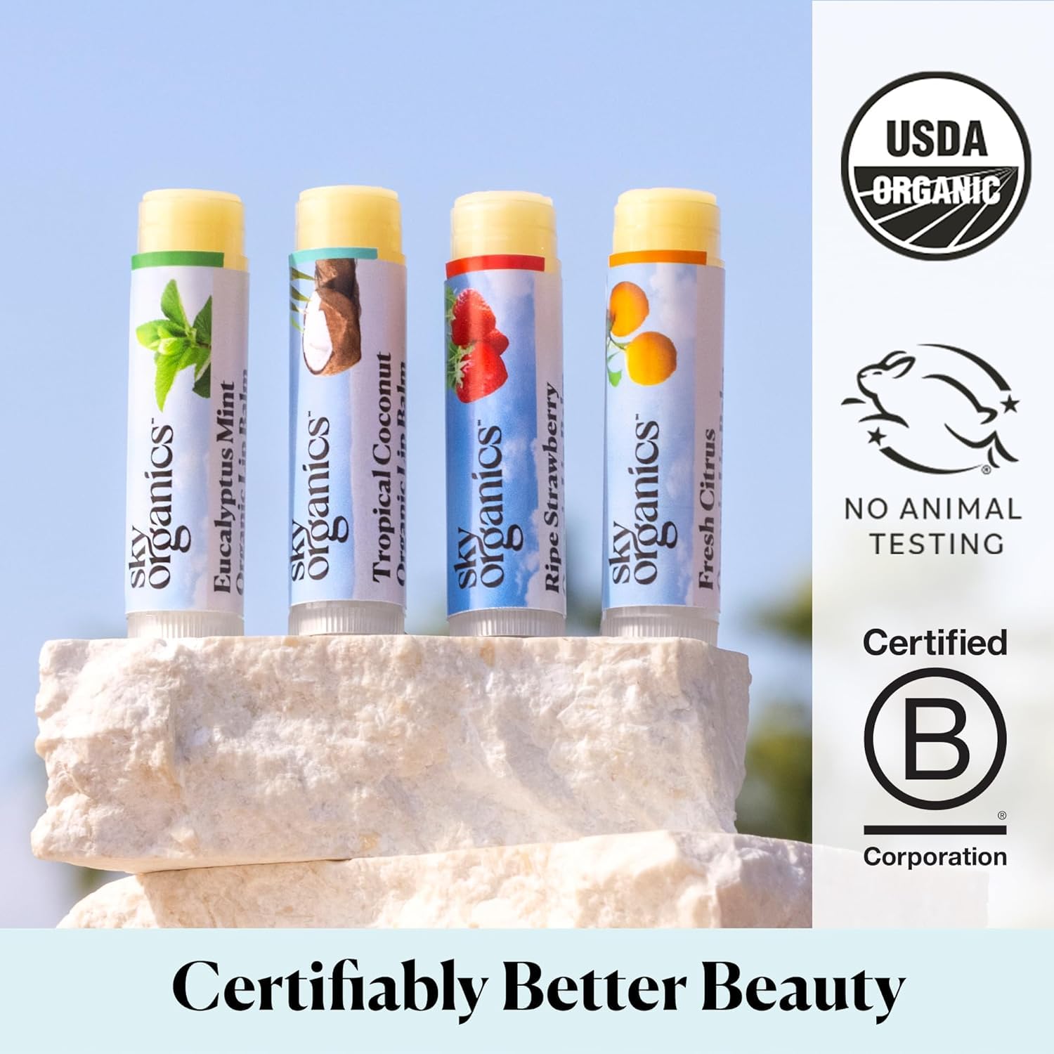Sky Organics coconut balm in a beach setting providing tropical hydration