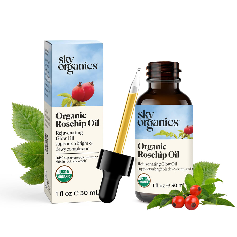 Sky Organics front packaging showing travel rosehip oil benefits