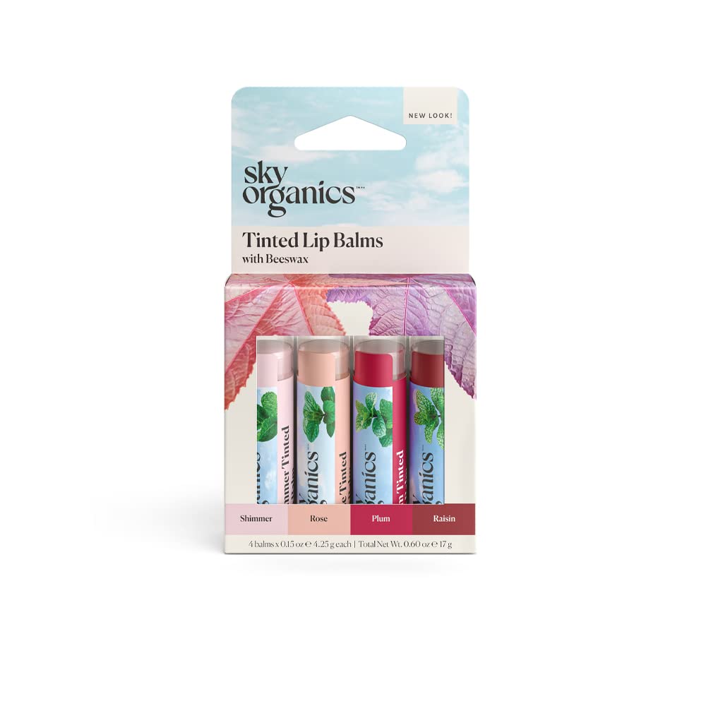 Sky Organics front packaging showing four tinted balm tubes benefits visible color variety