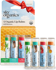 Sky Organics front packaging showing four organic lip balm tubes for easy gifting