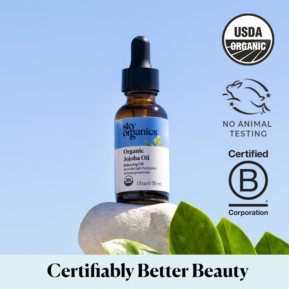 Sky Organics jojoba oil on bathroom shelf lifestyle suggesting everyday use benefit