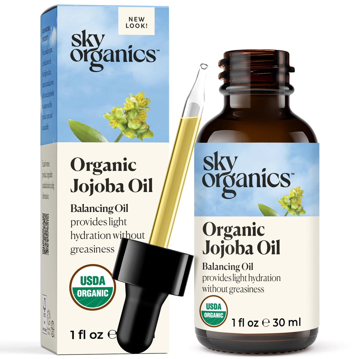 Sky Organics jojoba oil front bottle showing clean packaging and organic benefit