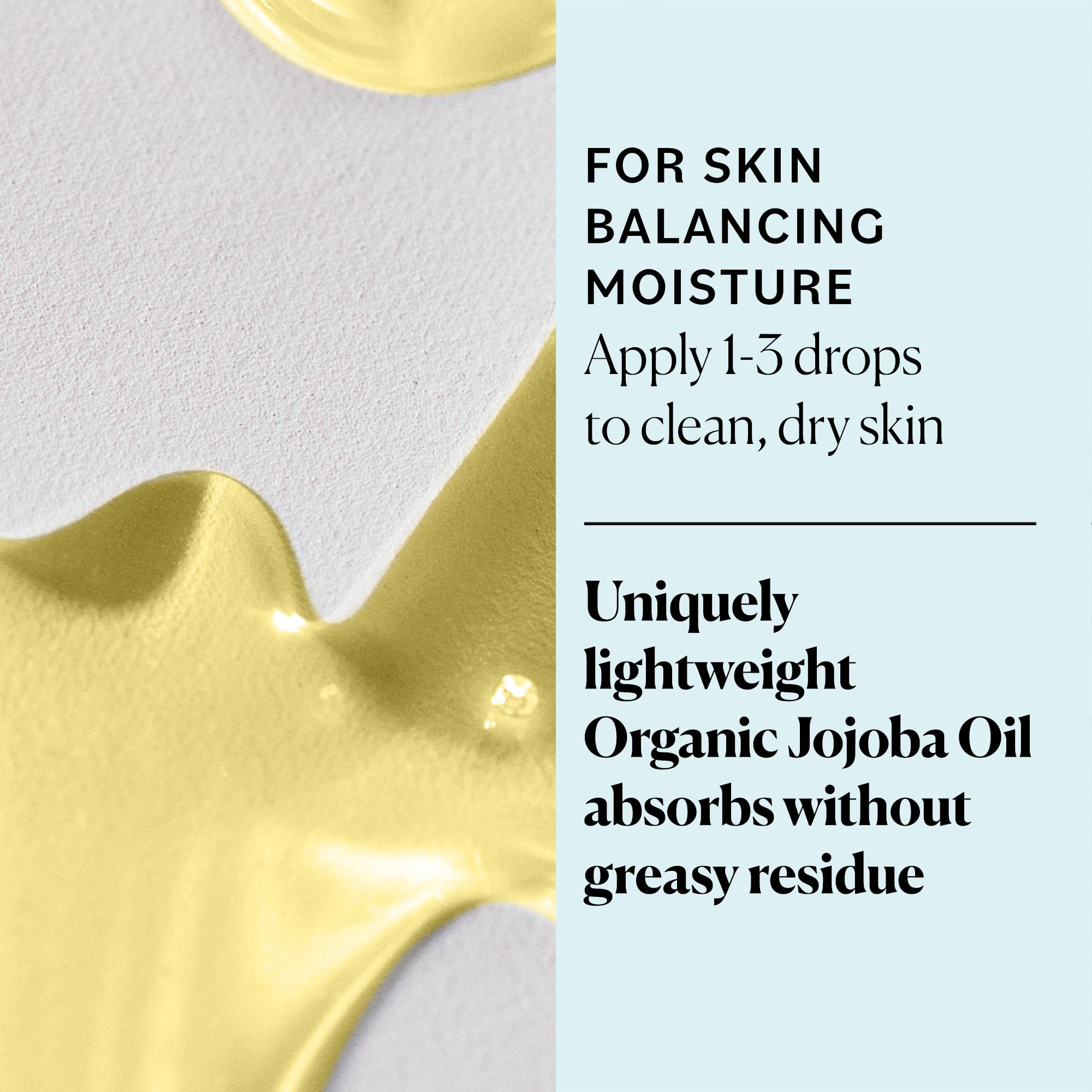Sky Organics jojoba oil in hand demonstrating small-drop dosage and control