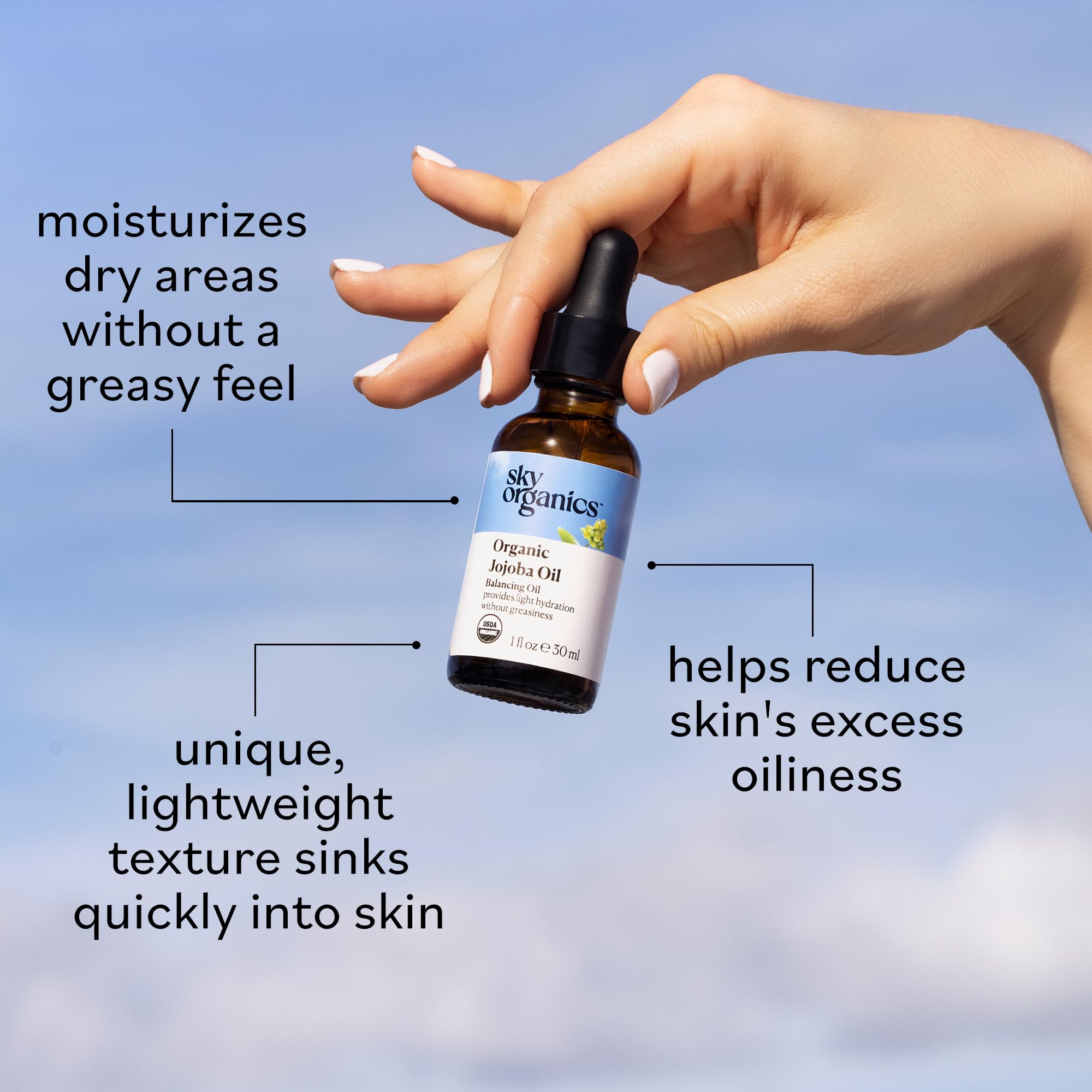 Sky Organics jojoba oil label with USDA organic seal indicating certified purity