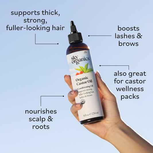 Sky Organics oil pouring from bottle illustrating smooth application and control