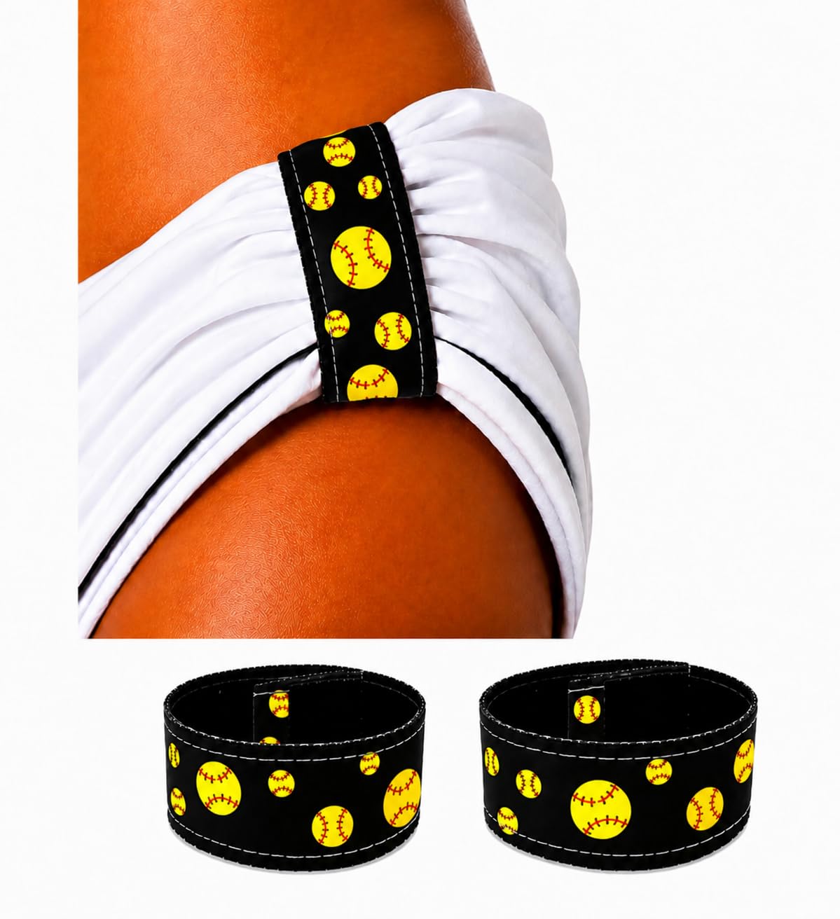 Sleeve Scrunchies front view of black pair showing yellow softball graphic and tidy fit
