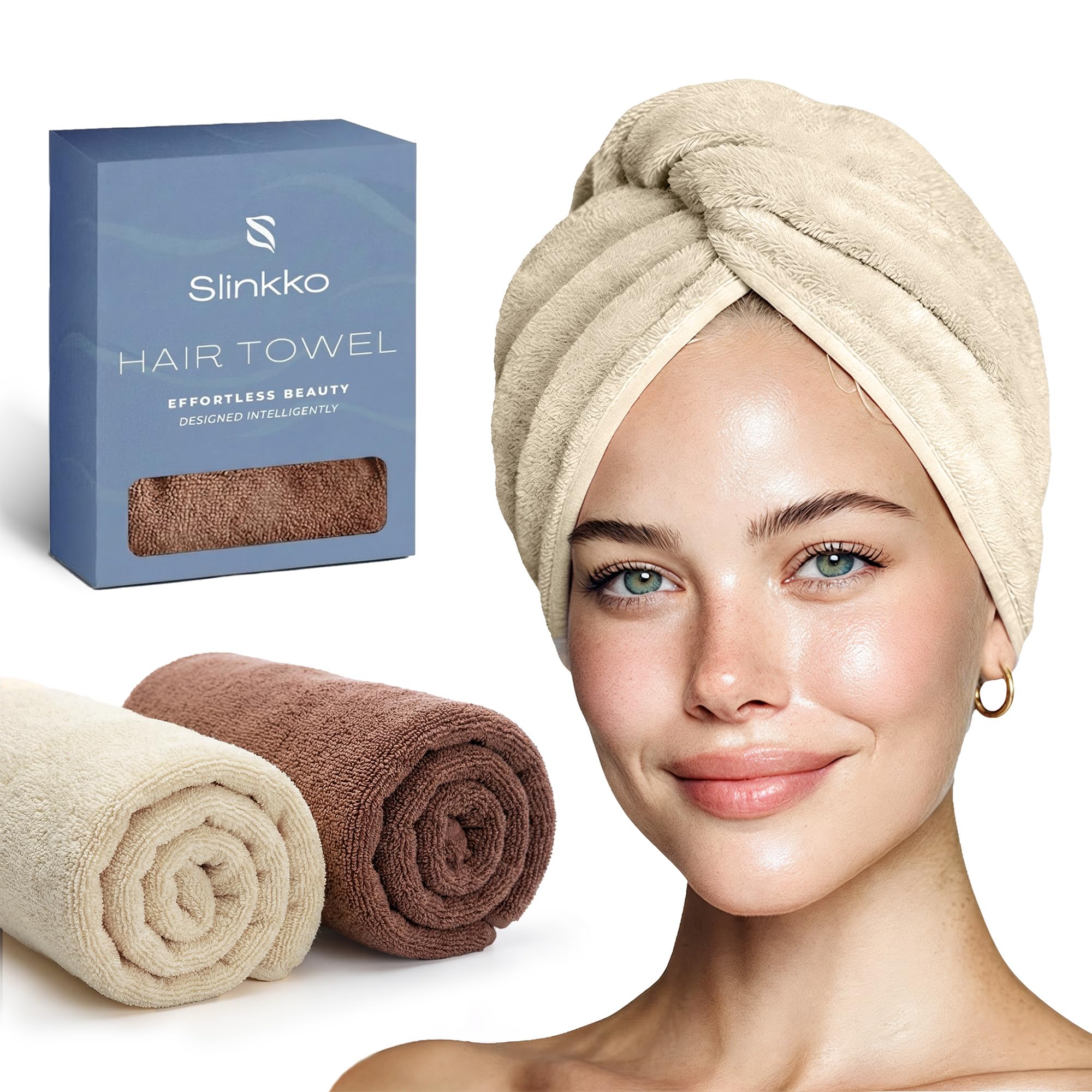 Slinkko microfiber hair towel wrap front view showing beige brown color and secure button