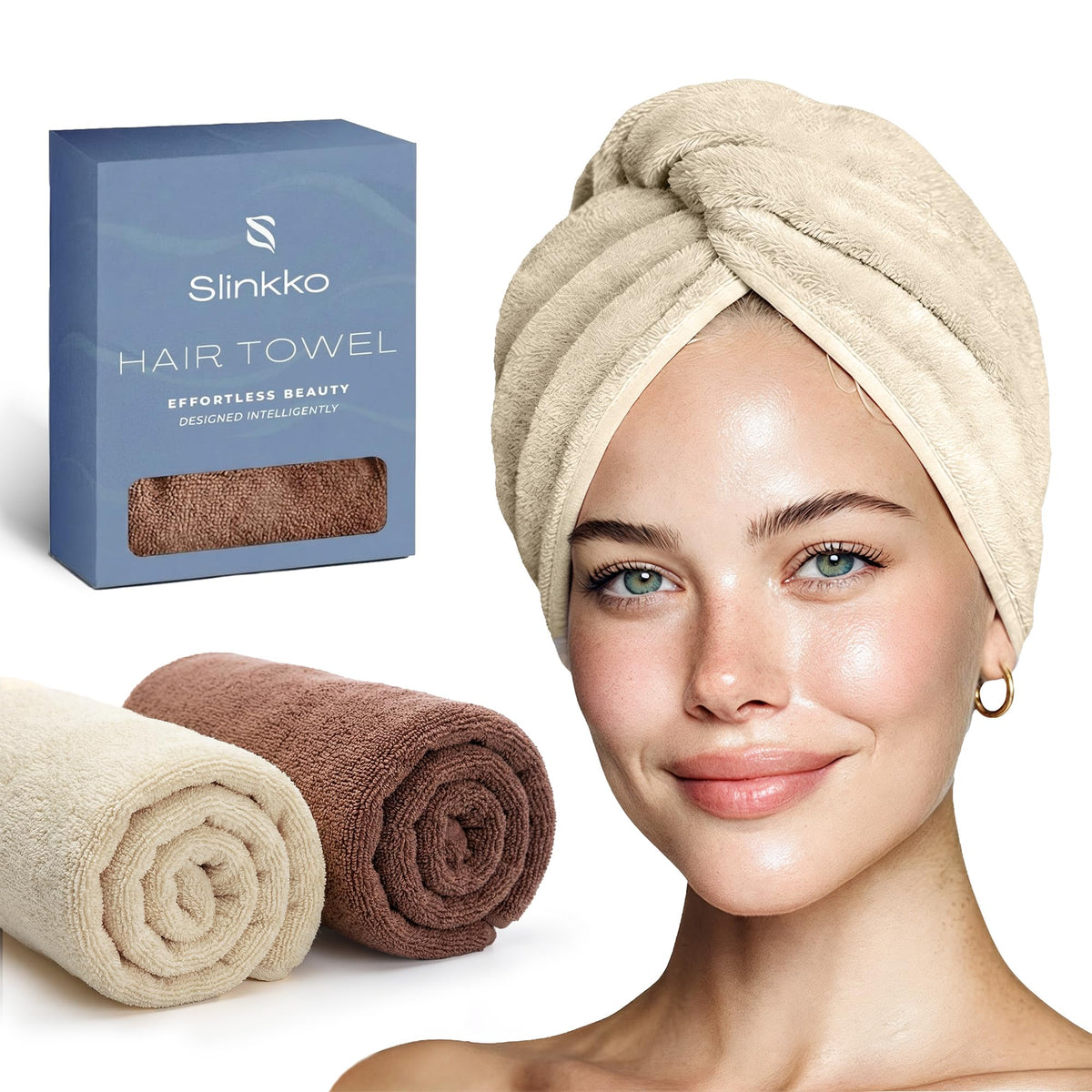 Slinkko microfiber hair towel wrap front view showing beige brown color and secure button
