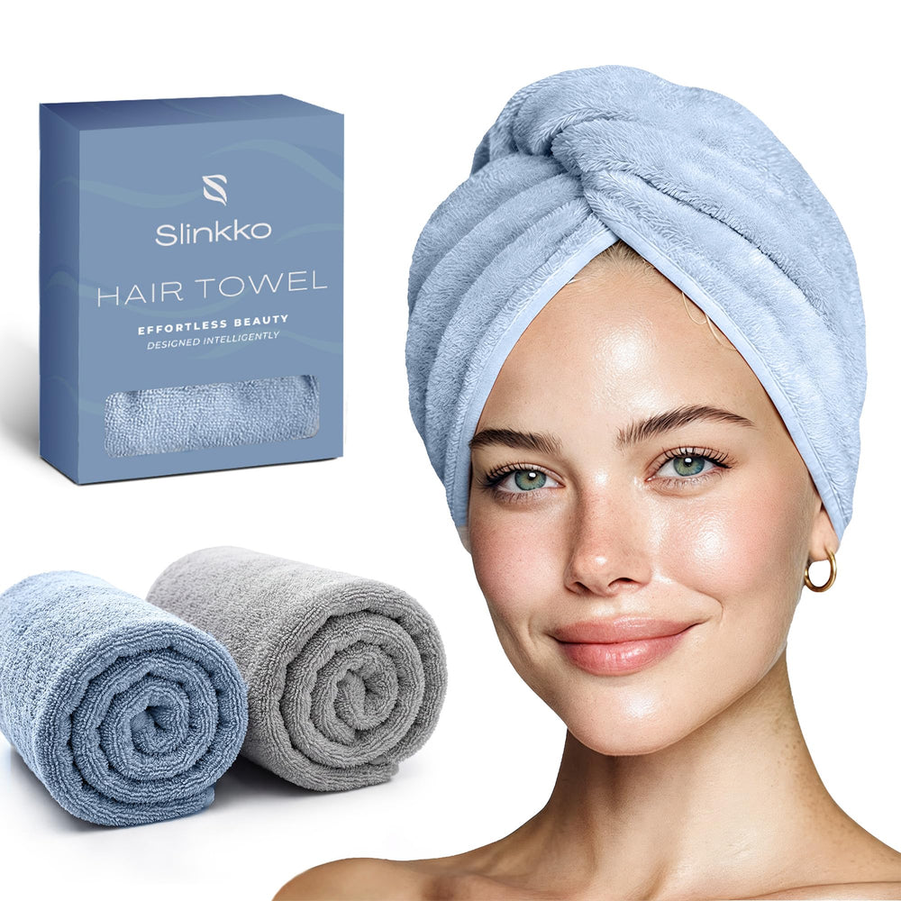 Slinkko front view of blue and grey turban showing compact shape and color