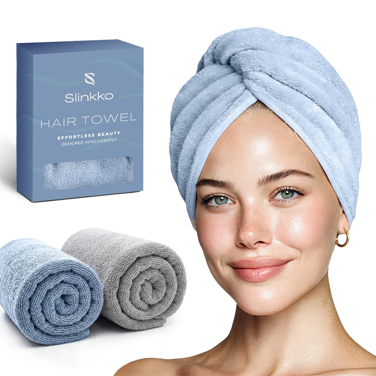 Slinkko front view of blue and grey turban showing compact shape and color
