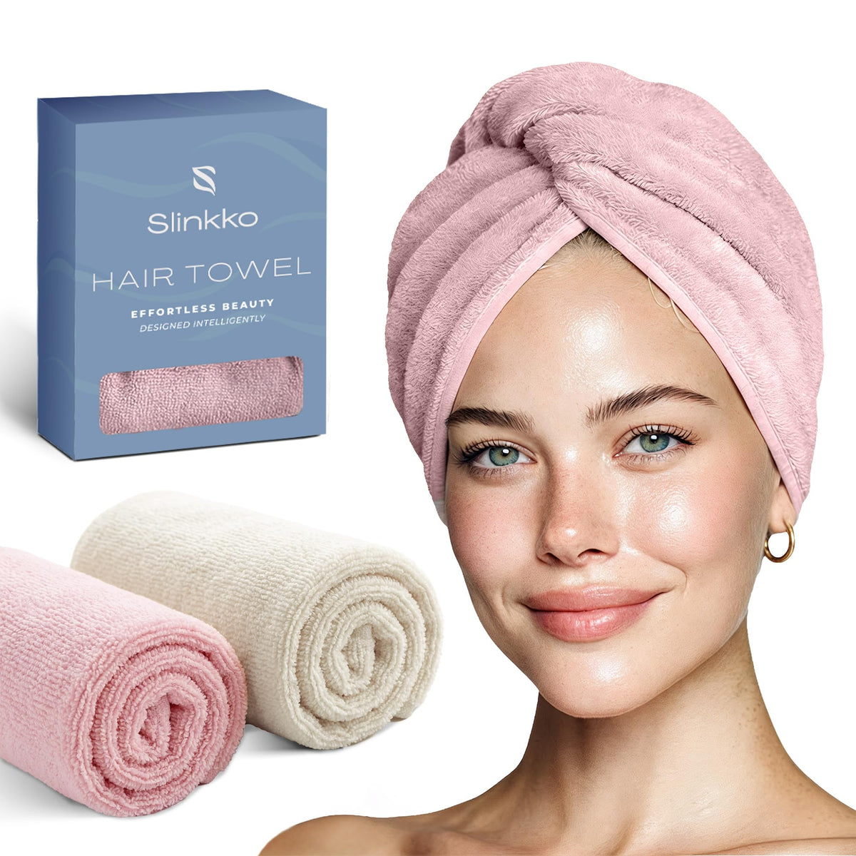 Slinkko front view of towel wrap showing shape and easy fit benefit