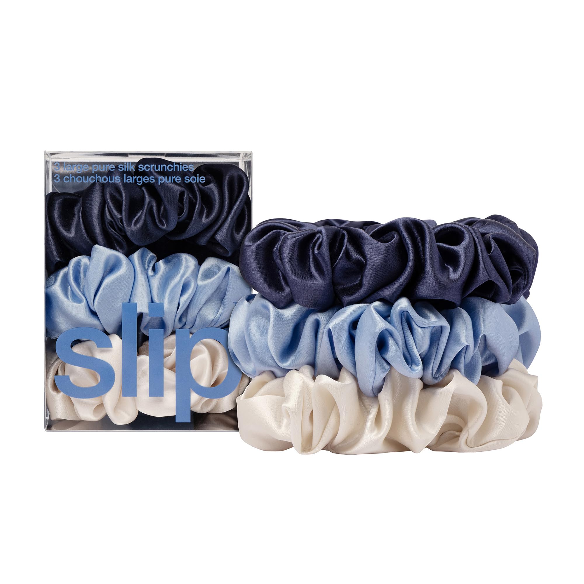 SLIP large scrunchies front packaging showing three silk colors and luxury appeal