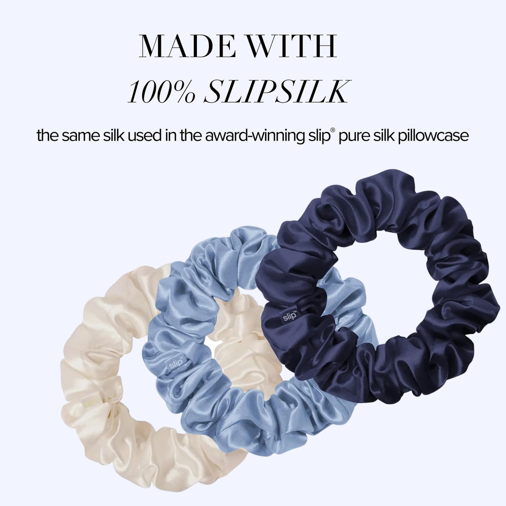 SLIP cornflower scrunchie worn by model showing comfortable, crease-free hold
