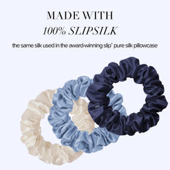 SLIP cornflower scrunchie worn by model showing comfortable, crease-free hold