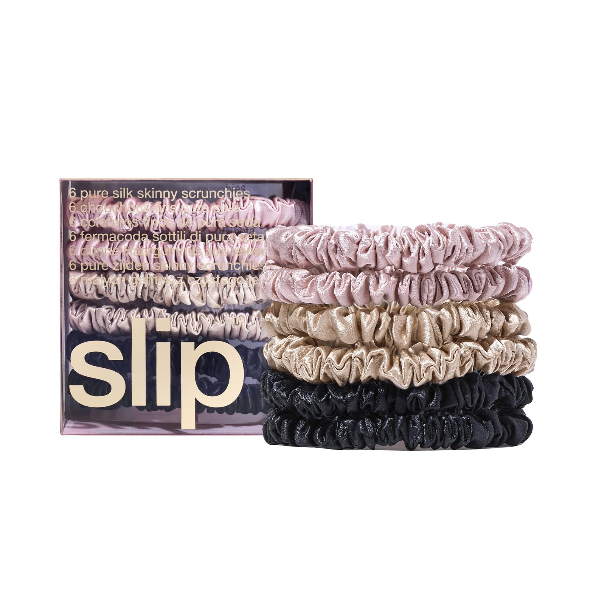SLIP pack front view showing six silk skinny scrunchies and color variety