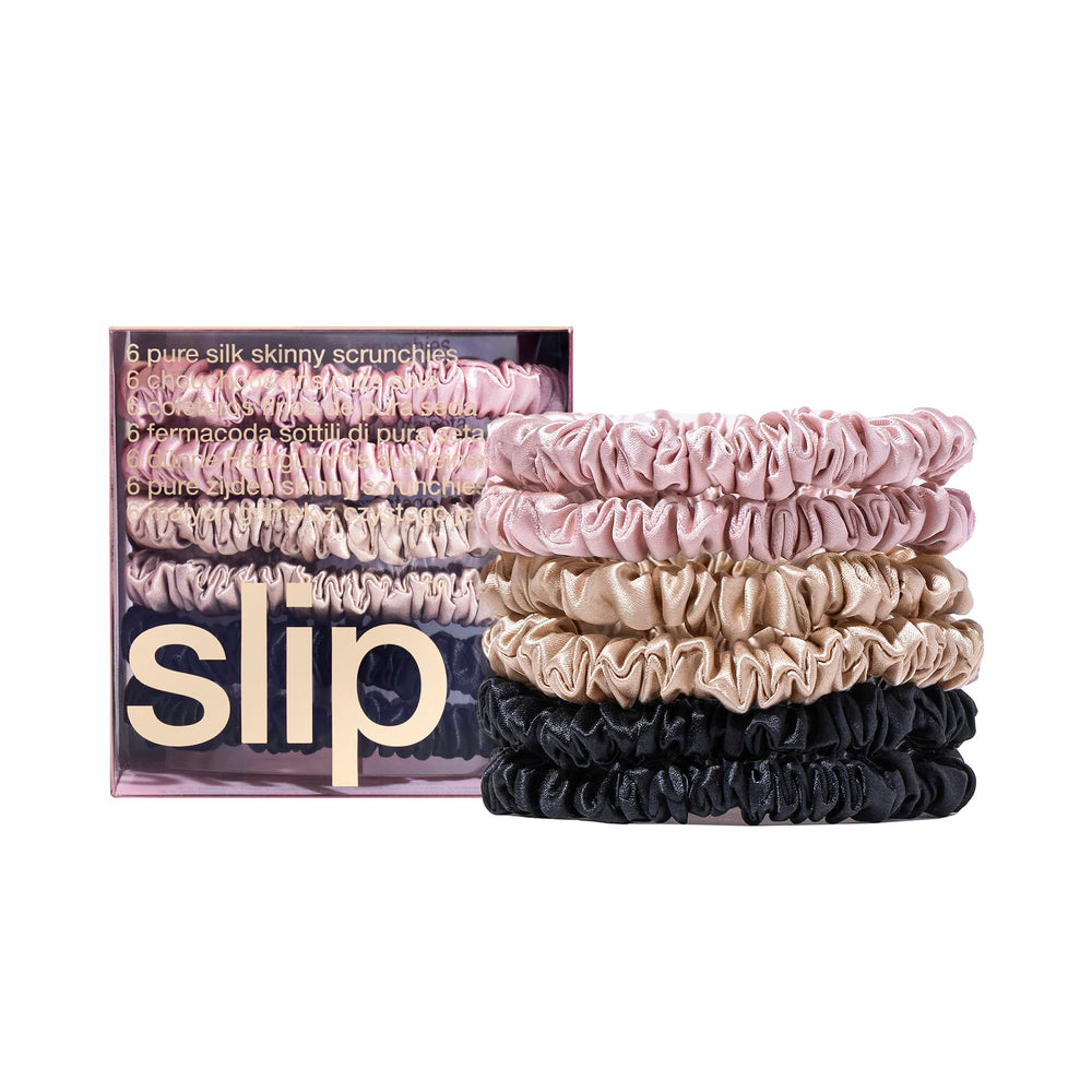 SLIP pack front view showing six silk skinny scrunchies and color variety