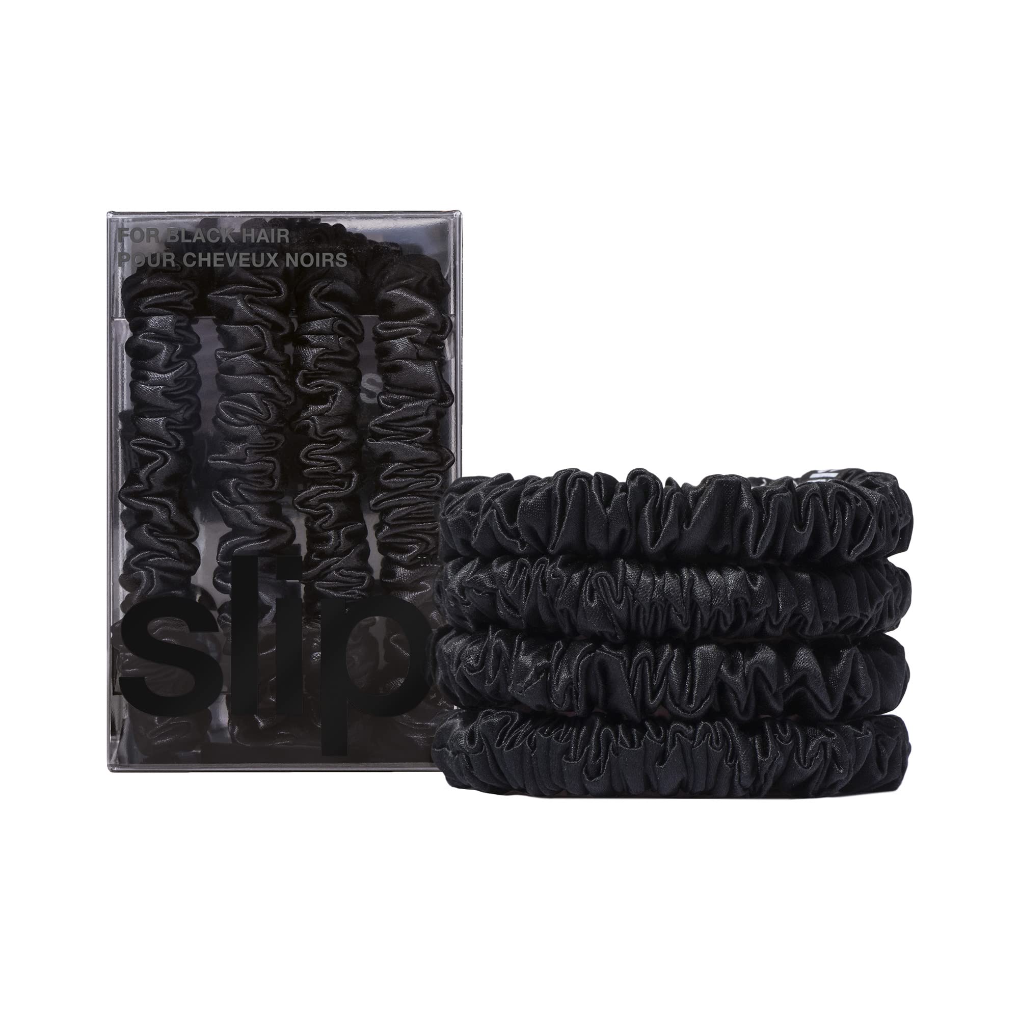 SLIP front packaging showing four black silk skinny scrunchies, elegant gift-ready