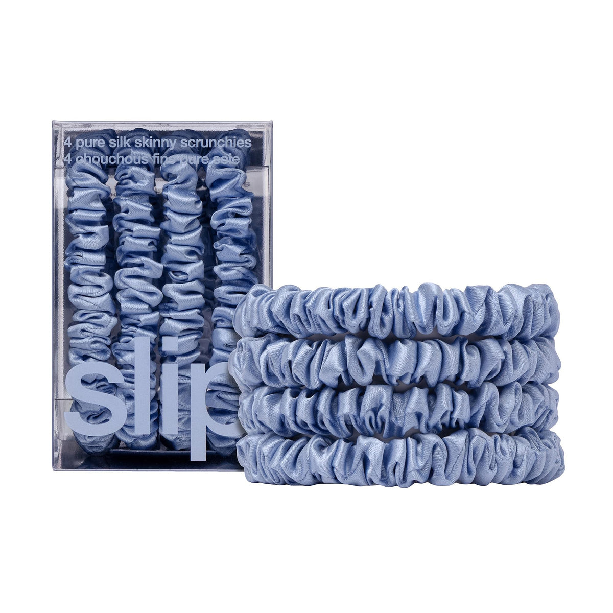 SLIP skinny silk front packaging showing cornflower scrunchies and set benefit